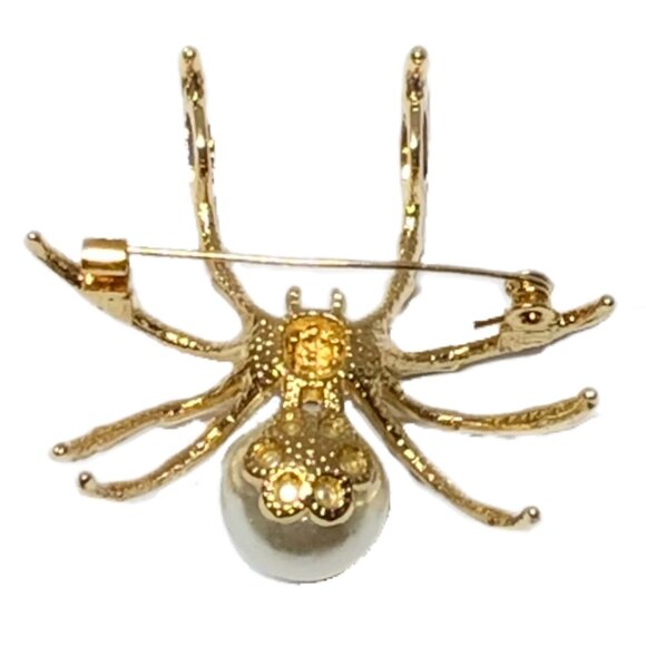 Gold Tone Alloy Spider Pin Brooch Faux White Pearl Gothic Halloween Rhinestones - Picture 4 of 8
